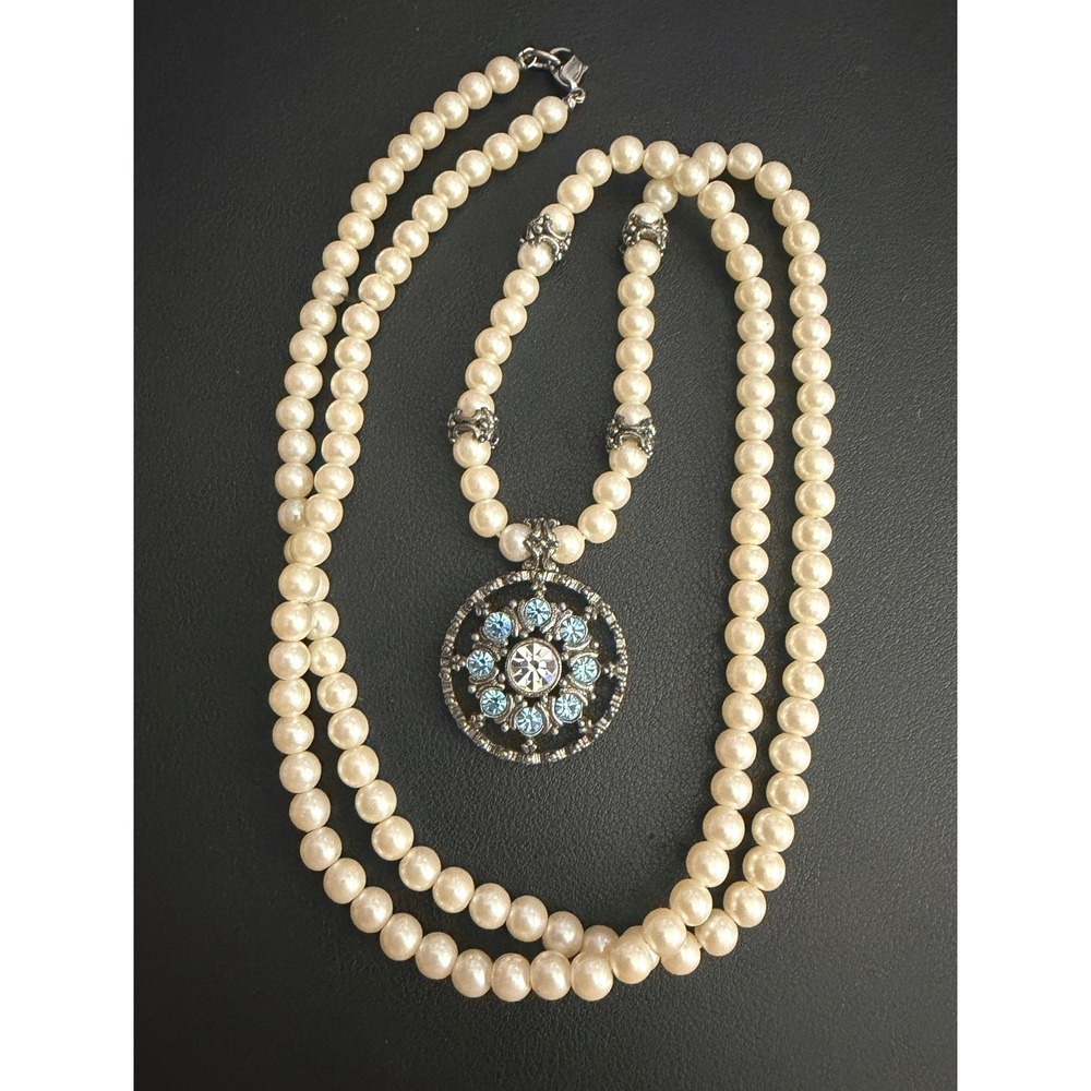 Vintage Rhinestone Necklace Simulated Pearl Victorian Revival Blue